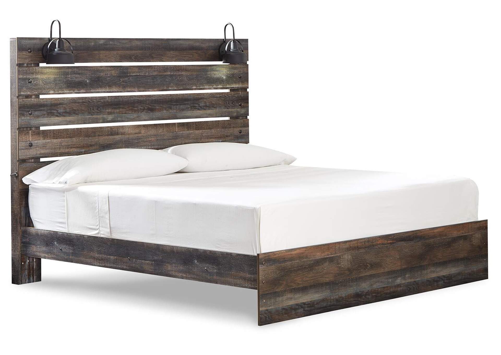 Drystan King Panel Bed with Mirrored Dresser, Chest and Nightstand angled view