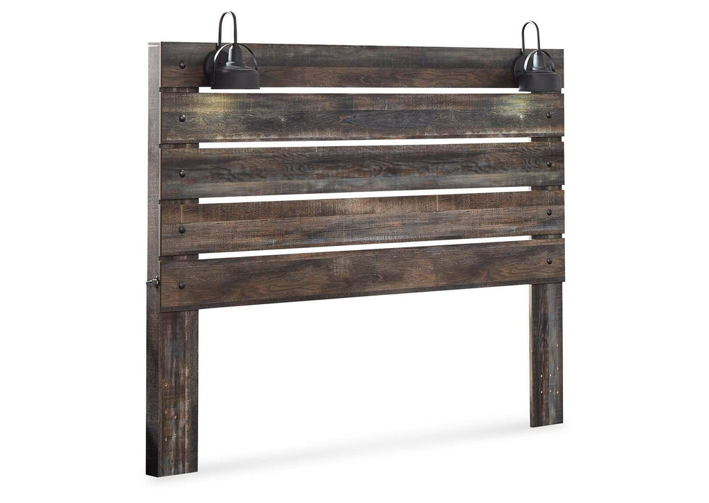 Drystan King Panel Headboard Bed with Mirrored Dresser and 2 Nightstands angled view