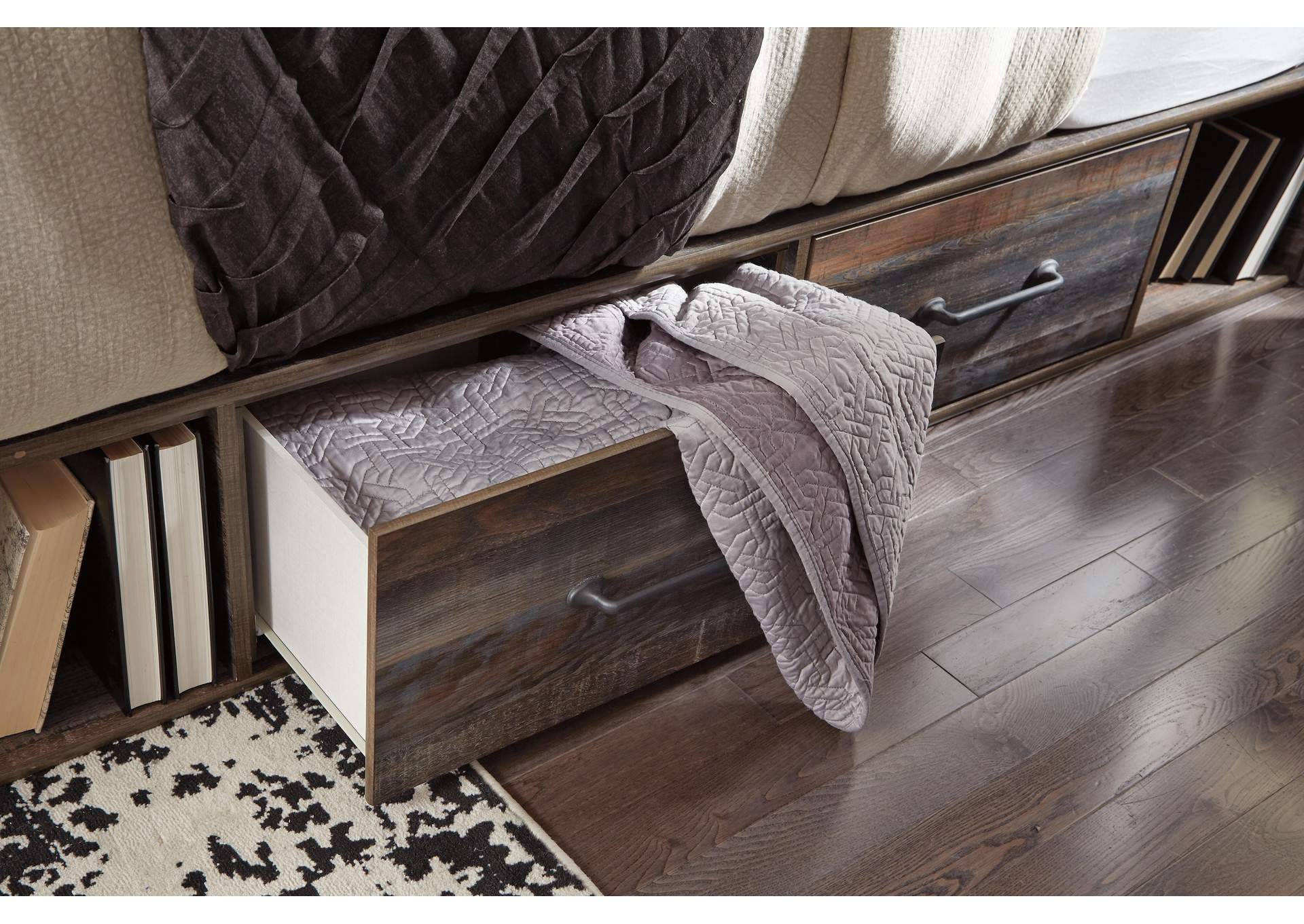 Drystan Queen Bookcase Bed with 2 Storage Drawers with Mirrored Dresser and Chest detail