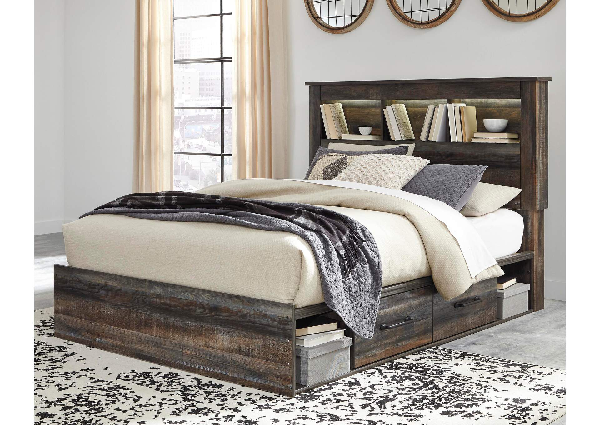 Drystan Queen Bookcase Bed with 4 Storage Drawers with Mirrored Dresser, Chest and Nightstand room view