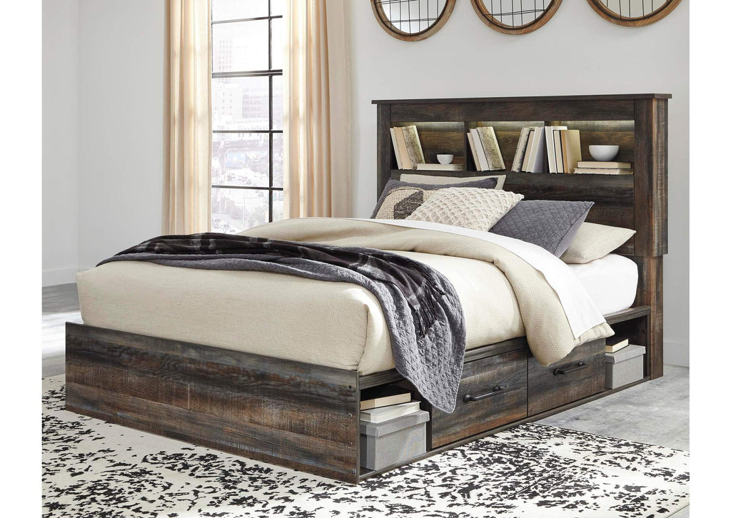 Drystan Queen Bookcase Bed with 2 Storage Drawers with Mirrored Dresser, Chest and Nightstand room view
