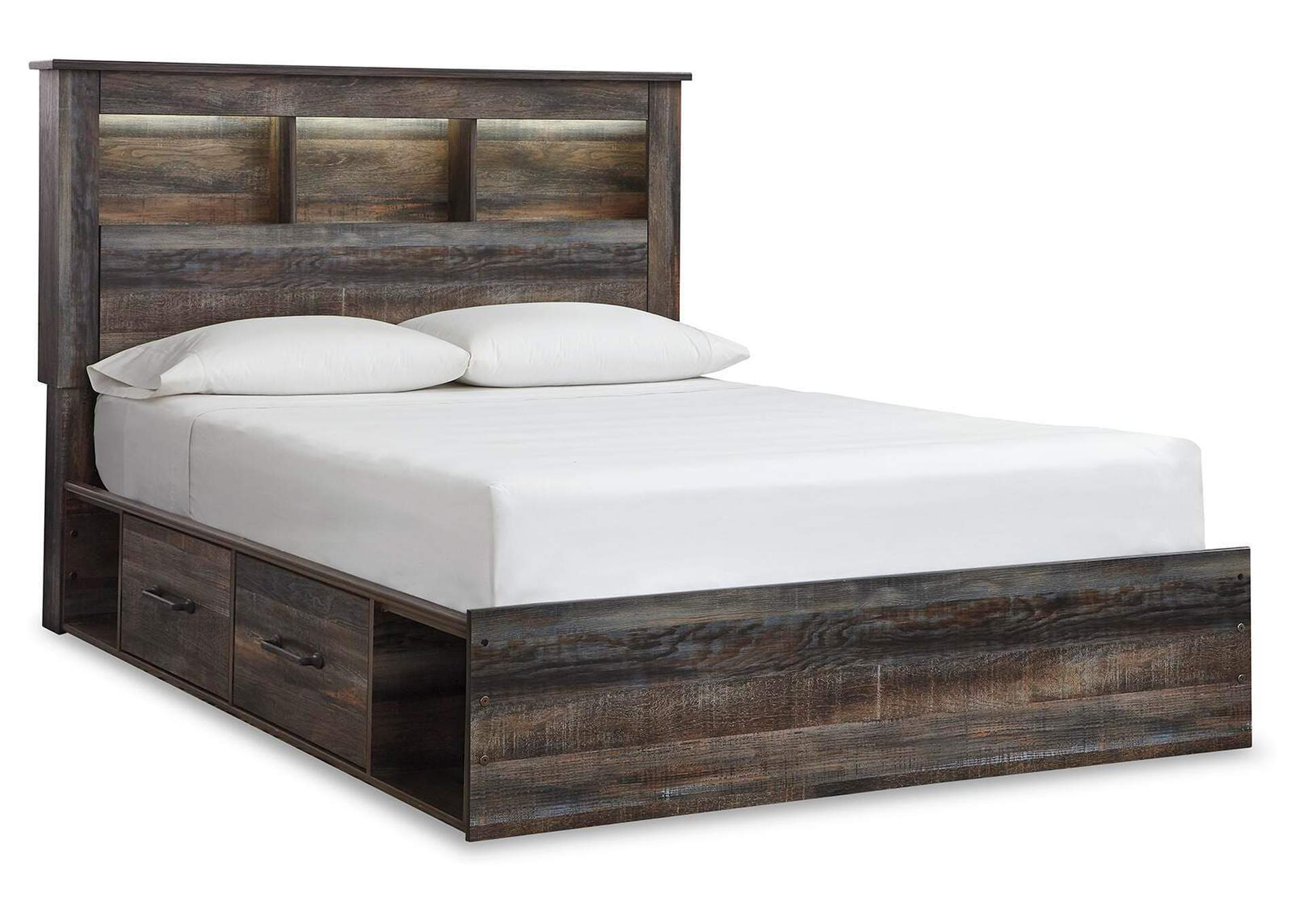 Drystan Queen Bookcase Bed with 2 Storage Drawers with Mirrored Dresser and Chest