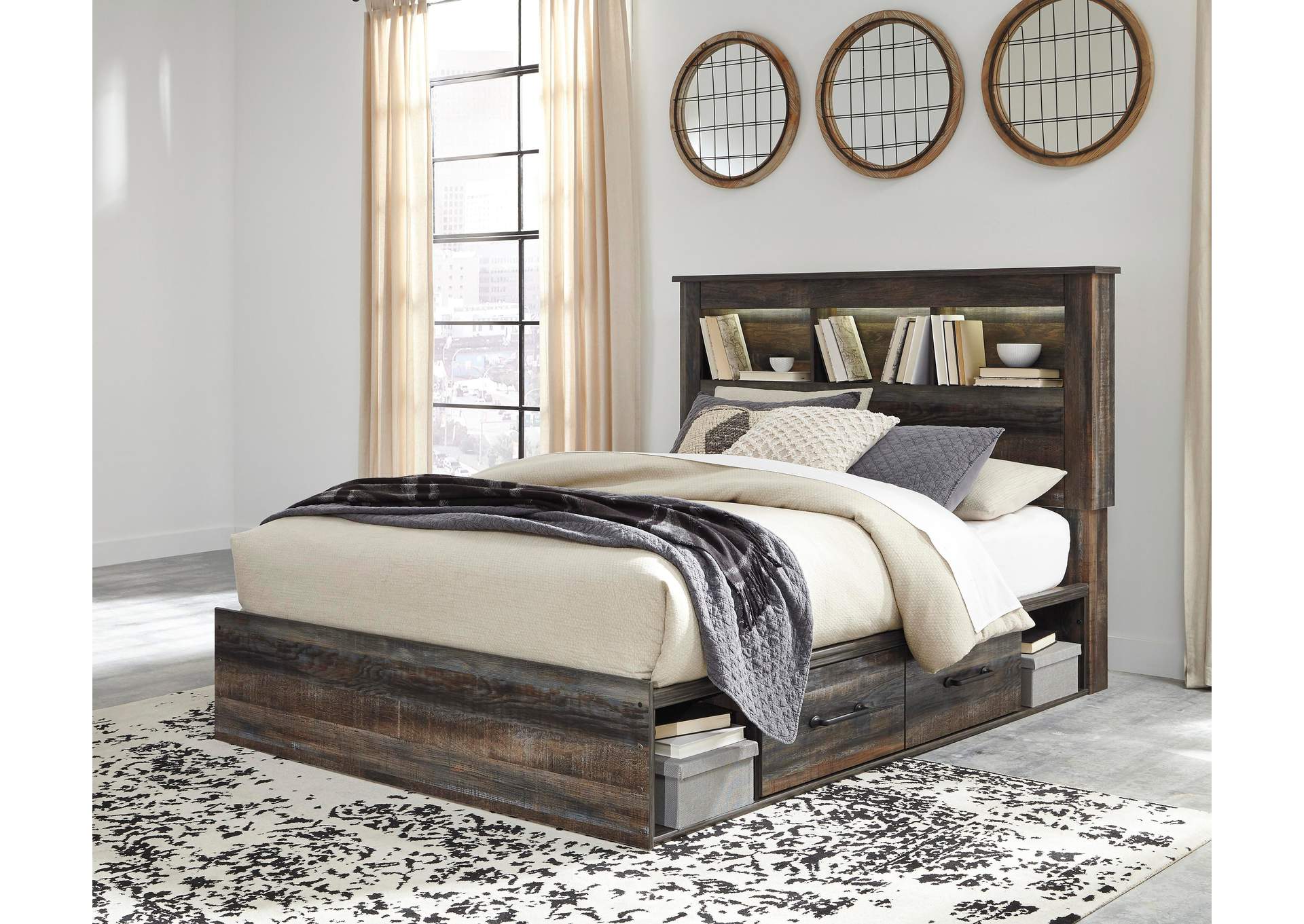 Drystan Queen Bookcase Bed with 4 Storage Drawers and Dresser