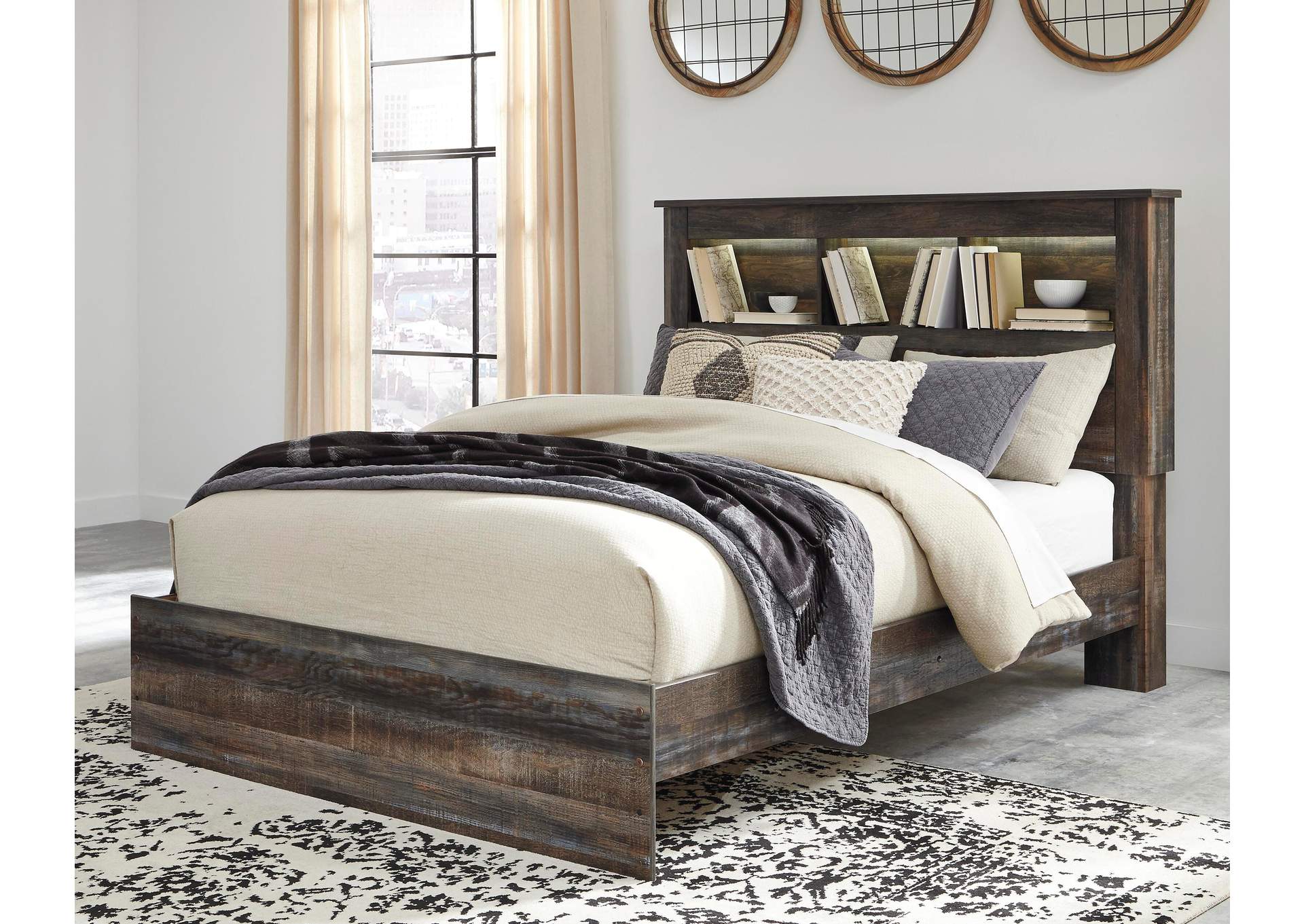 Drystan Queen Bookcase Bed with Mirrored Dresser and Chest room view