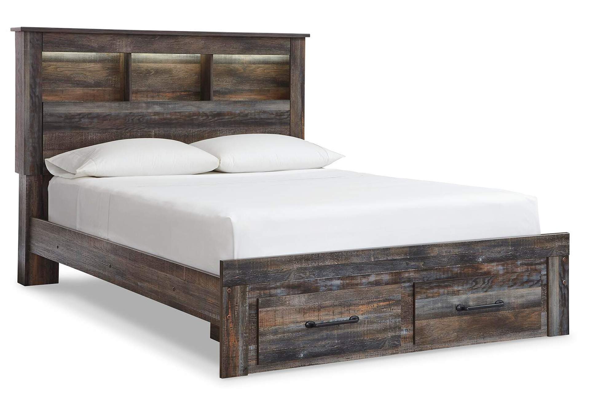 Drystan Queen Bookcase Bed with 2 Storage Drawers with Mirrored Dresser, Chest and 2 Nightstands