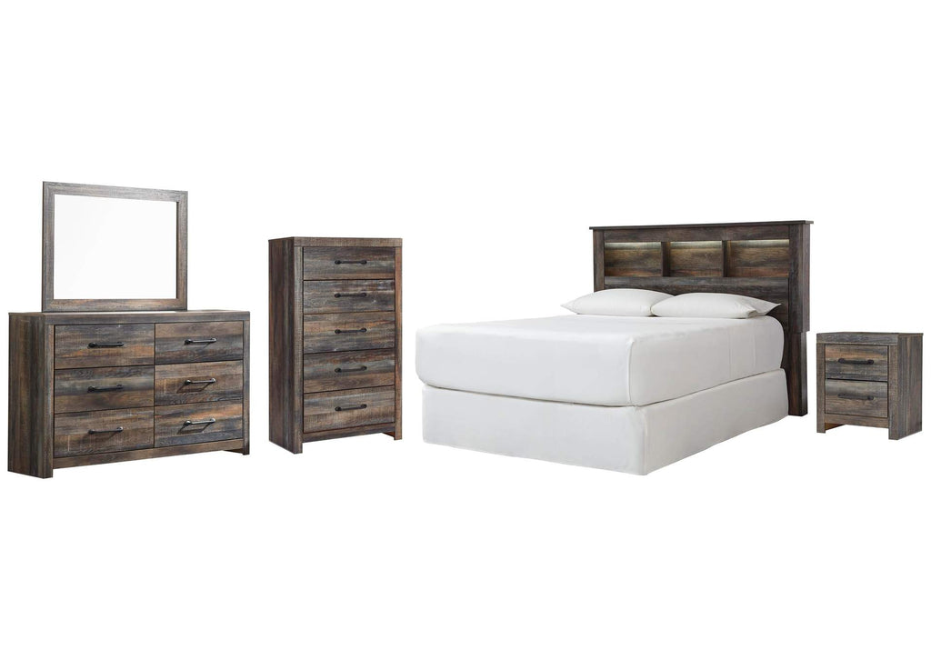 Drystan Queen/Full Bookcase Headboard Bed with Mirrored Dresser, Chest and Nightstand