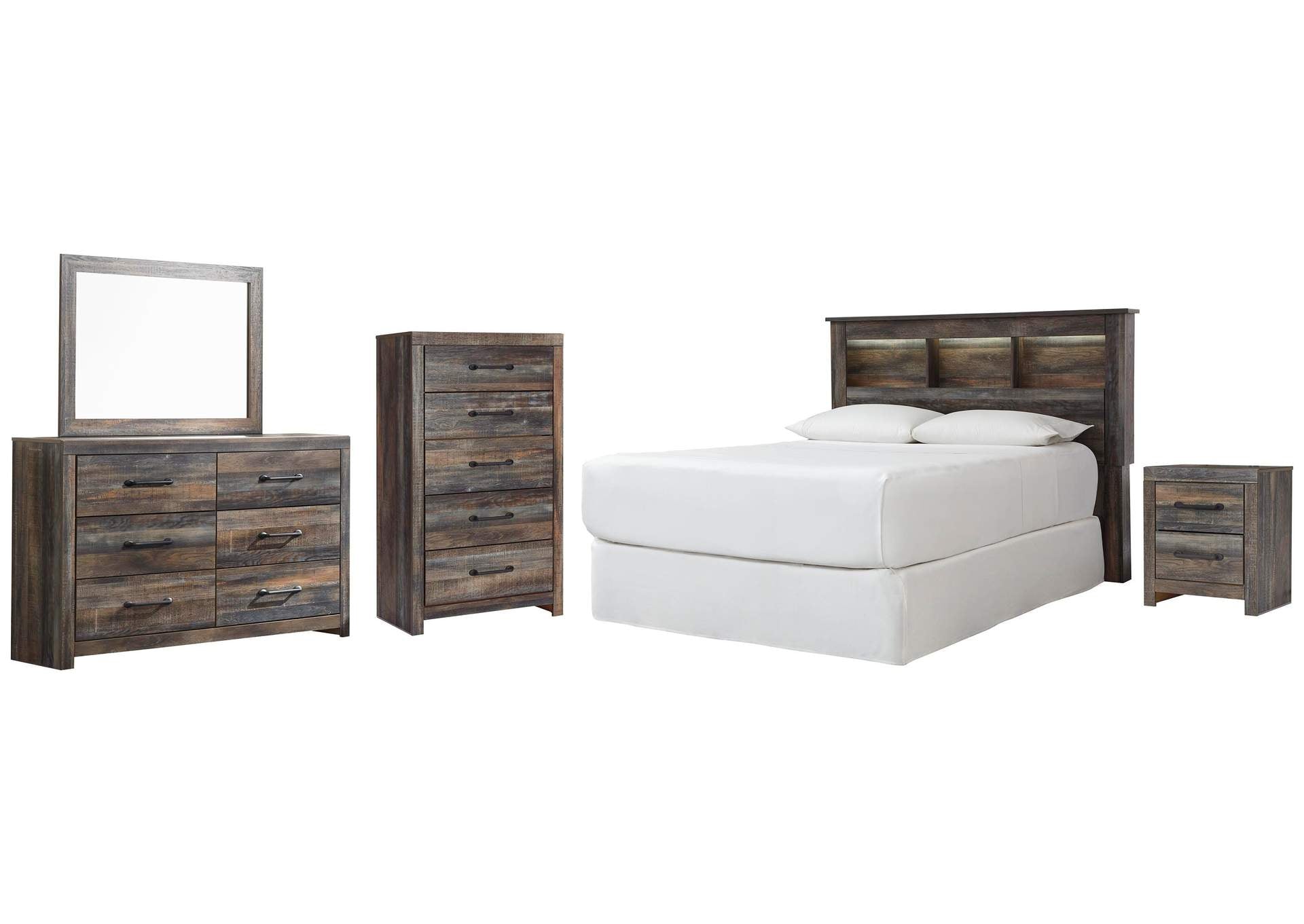 Drystan Queen/Full Bookcase Headboard Bed with Mirrored Dresser, Chest and Nightstand