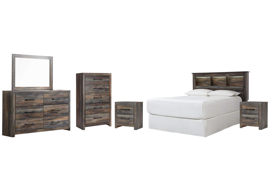 Drystan Queen Bookcase Headboard, Dresser, Mirror, Chest and 2 Nightstands