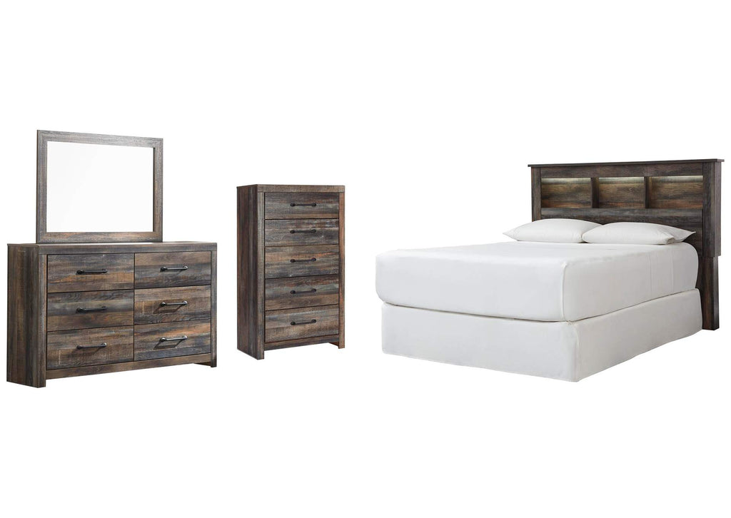 Drystan Queen/Full Bookcase Headboard Bed with Mirrored Dresser and Chest