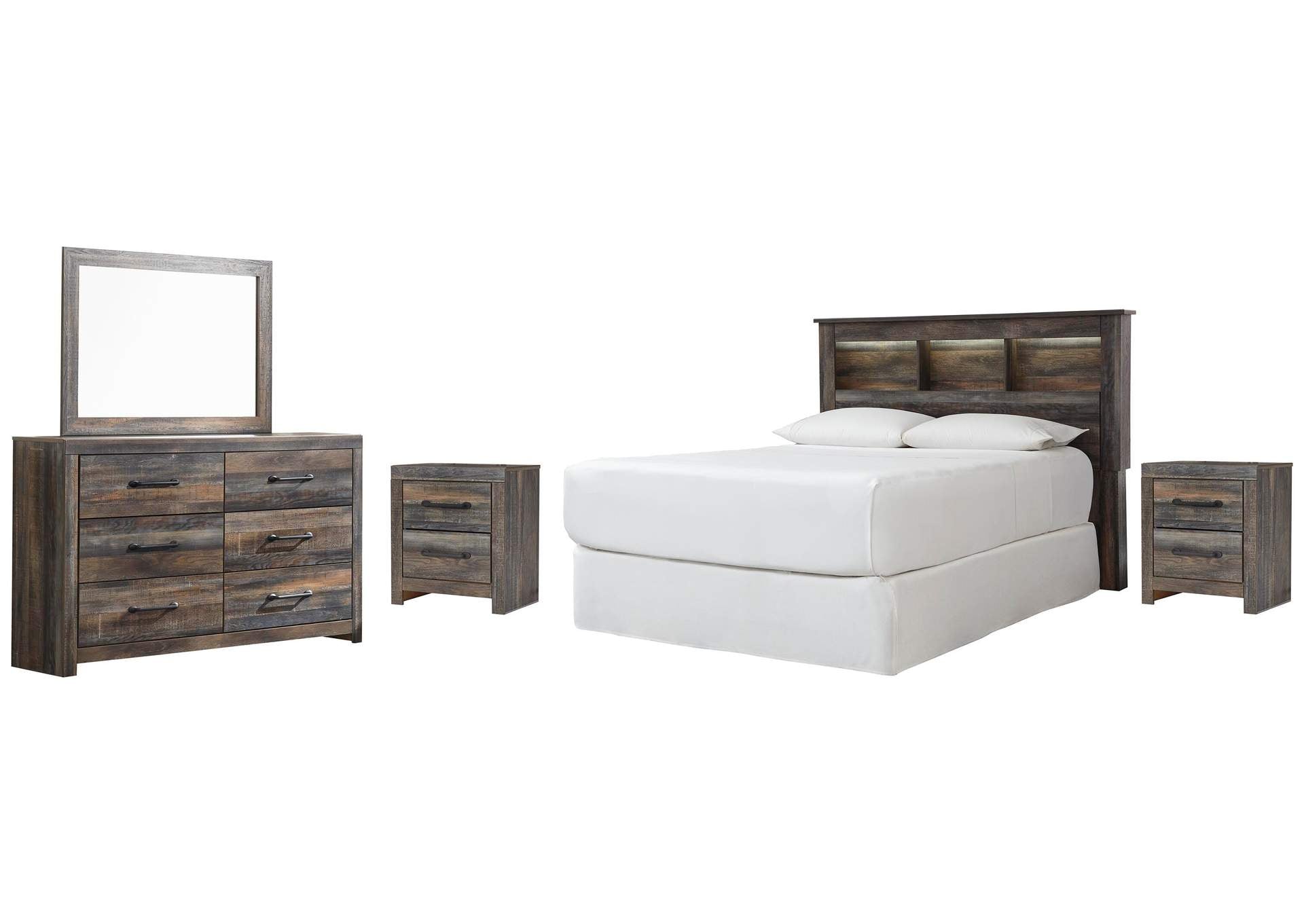 Drystan Queen Bookcase Headboard, Dresser, Mirror and 2 Nightstands