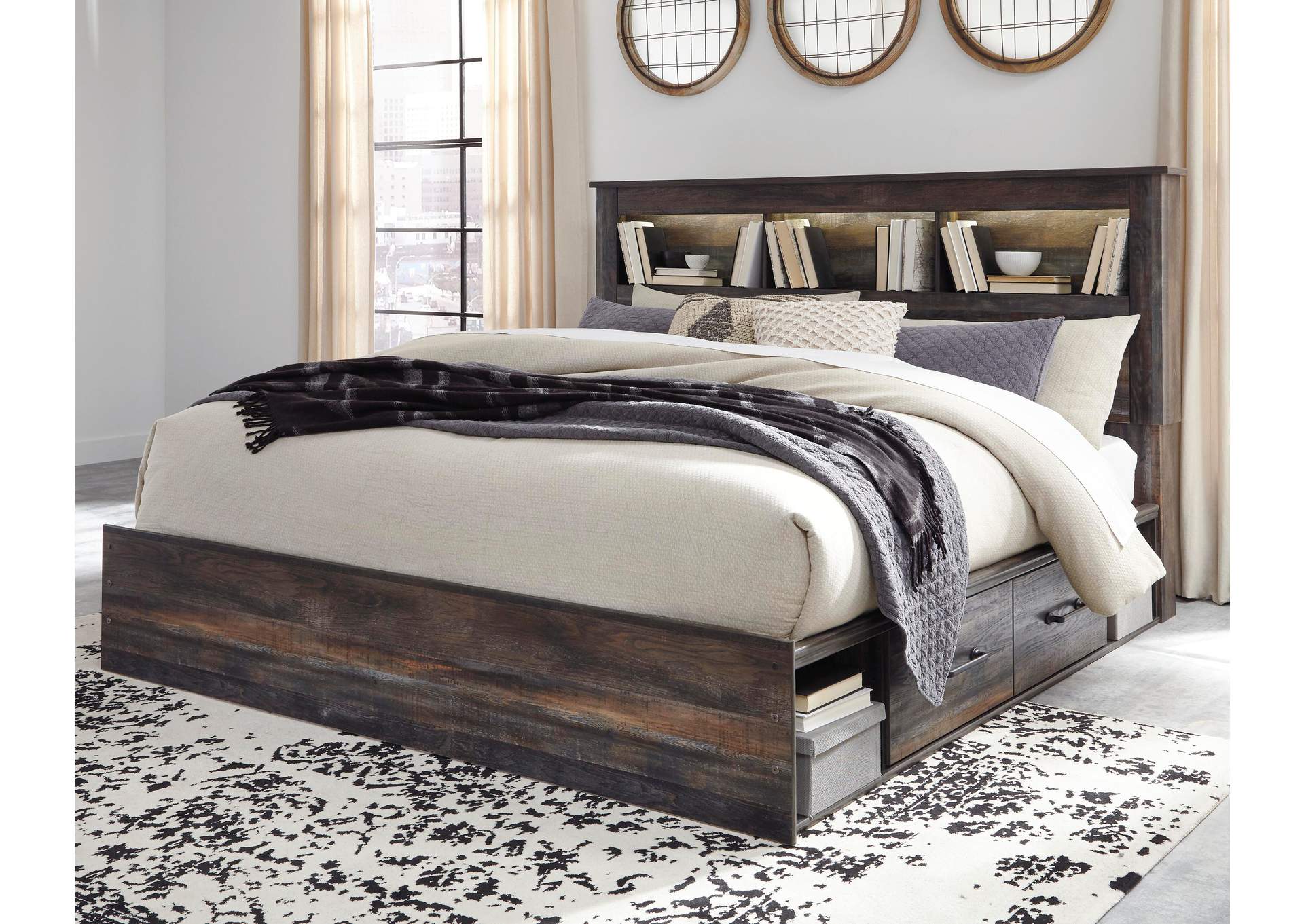 Drystan King Bookcase Bed with 4 Storage Drawers with Mirrored Dresser and Chest room view