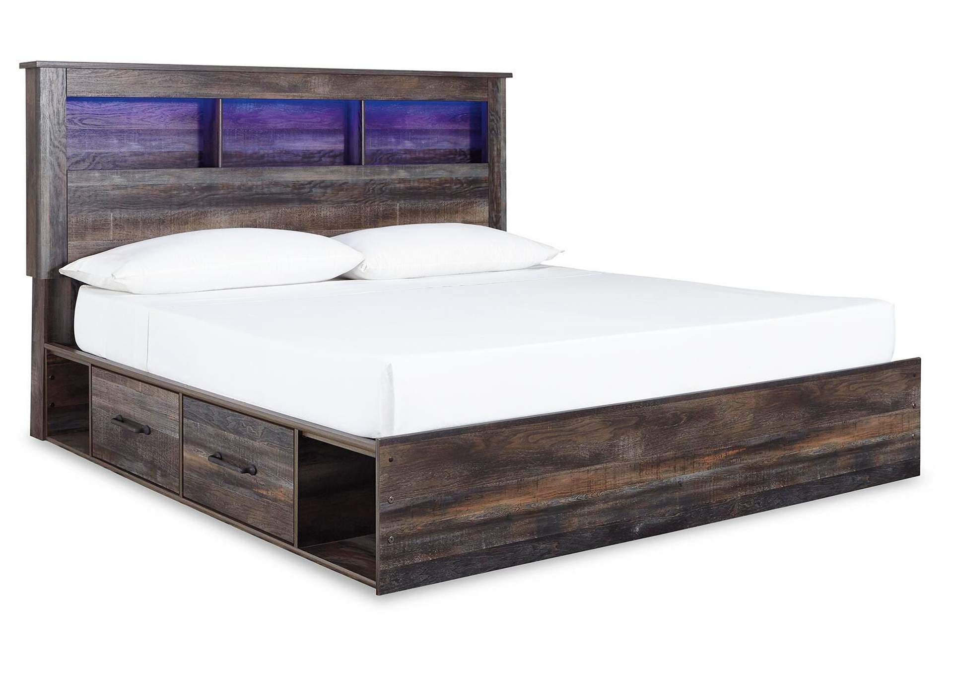 Drystan King Bookcase Bed with 2 Storage Drawers with Mirrored Dresser, Chest and 2 Nightstands
