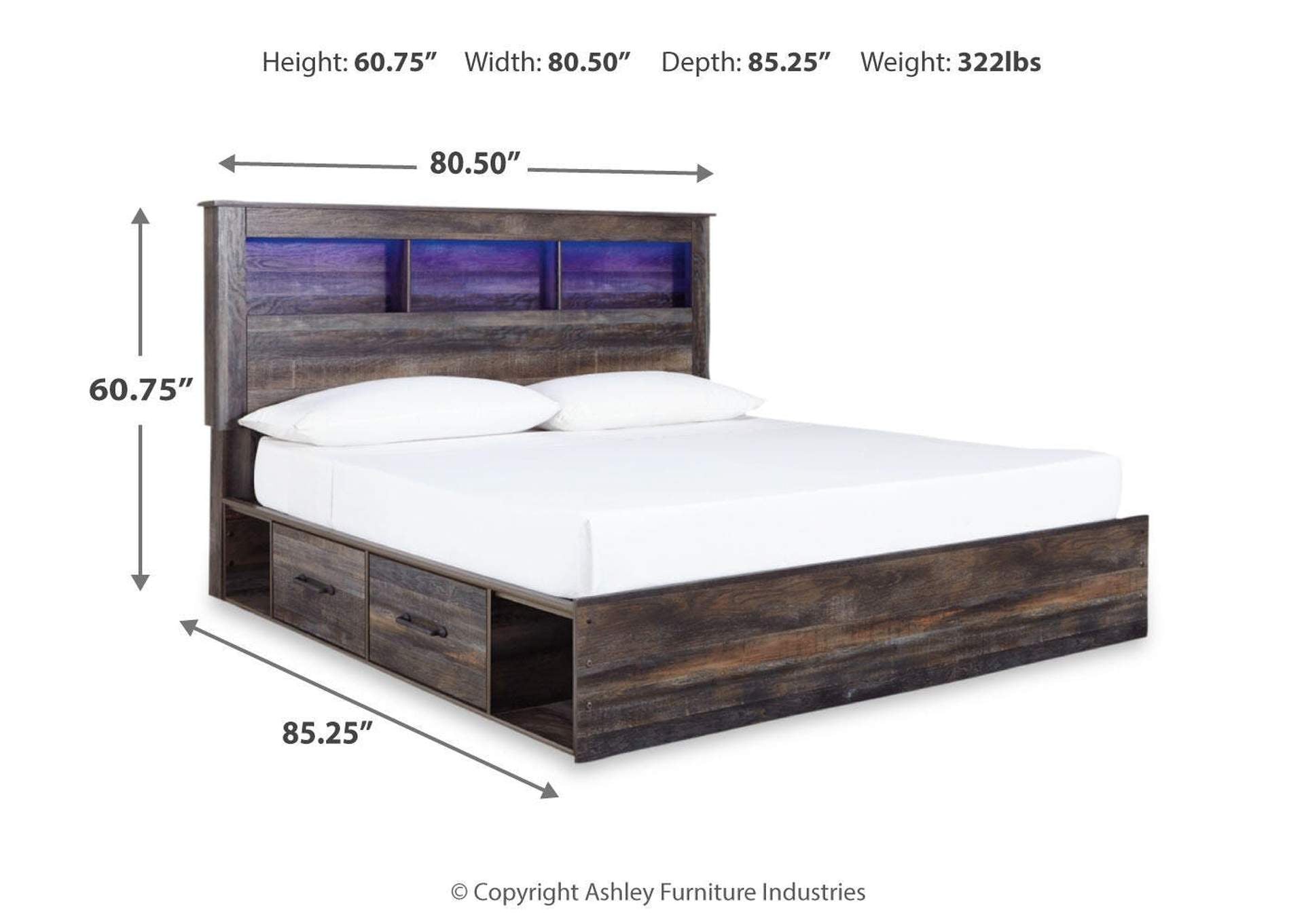 Drystan King Bookcase Bed with 4 Storage Drawers with Mirrored Dresser and 2 Nightstands dimensions