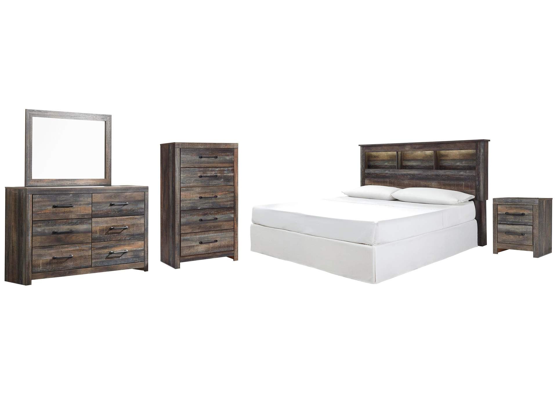 Drystan King/California King Bookcase Headboard Bed with Mirrored Dresser, Chest and Nightstand