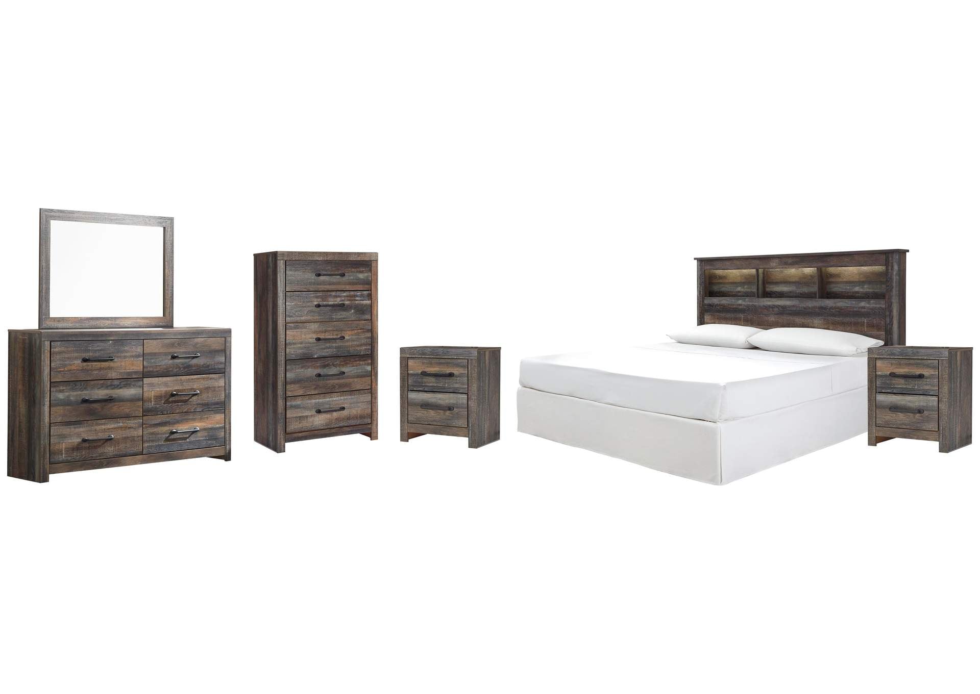 Drystan King/California King Bookcase Headboard, Dresser, Mirror, Chest and 2 Nightstands