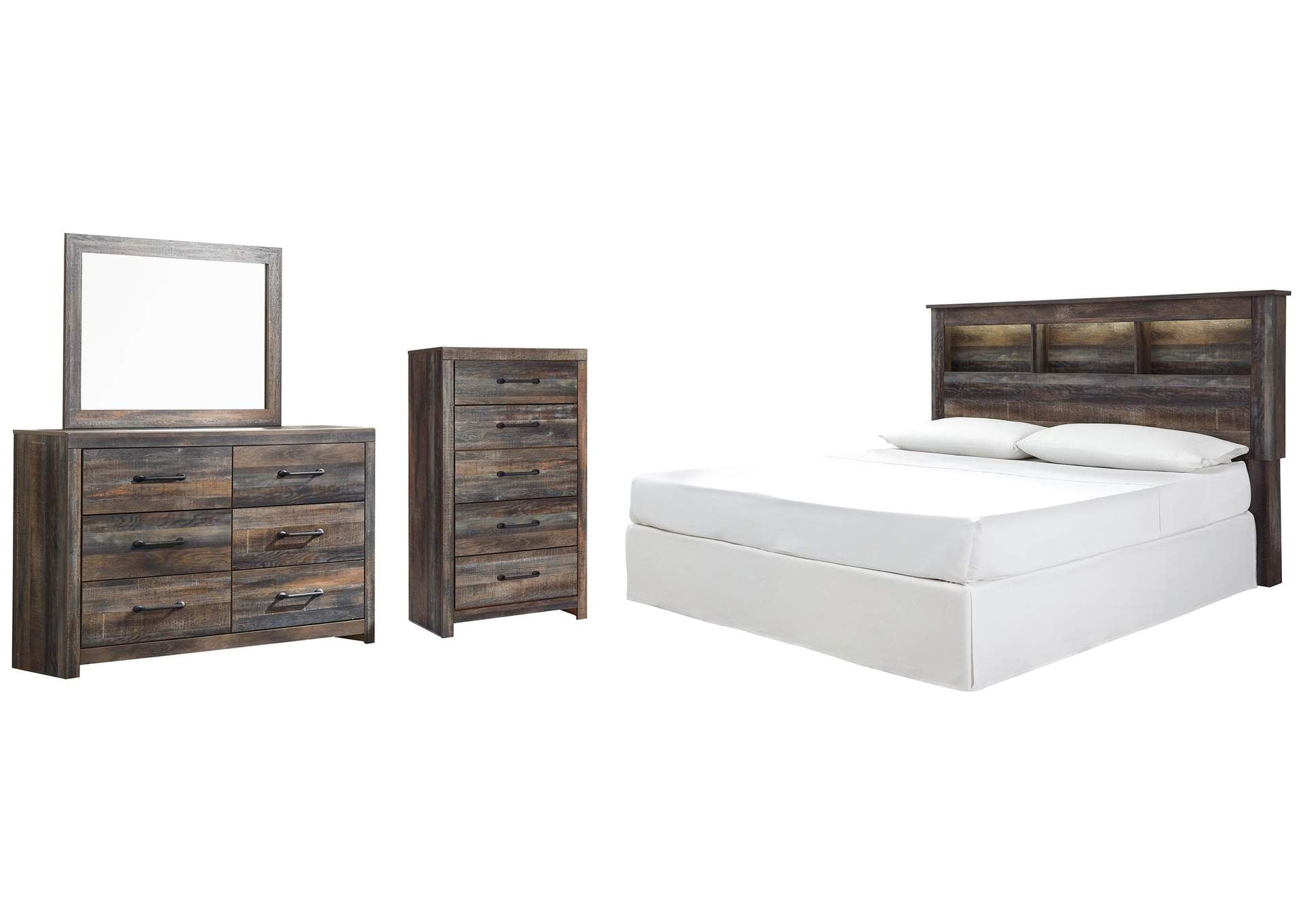Drystan King/California King Bookcase Headboard Bed with Mirrored Dresser and Chest