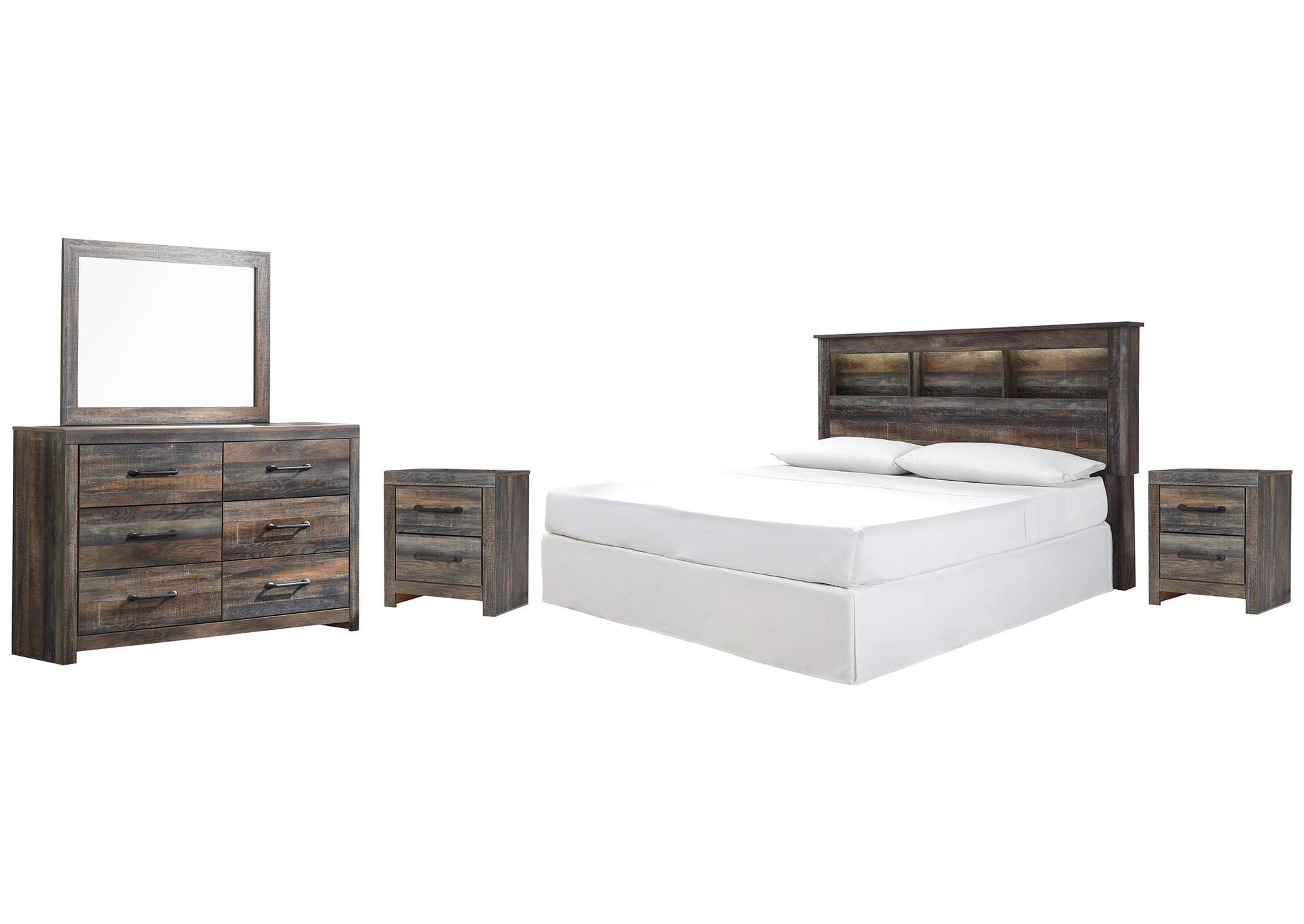 Drystan King/California King Bookcase Headboard, Dresser, Mirror and 2 Nightstands