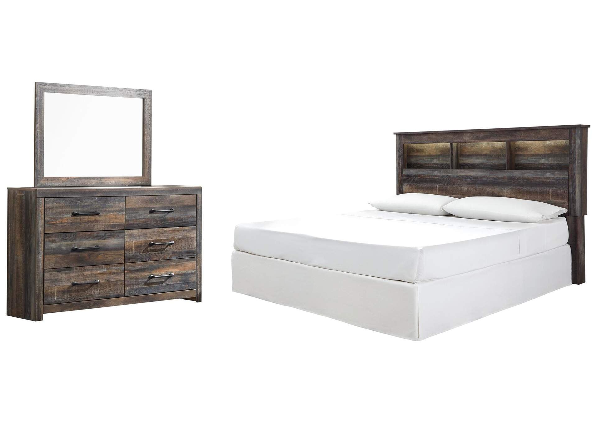 Drystan King/California King Bookcase Headboard Bed with Mirrored Dresser