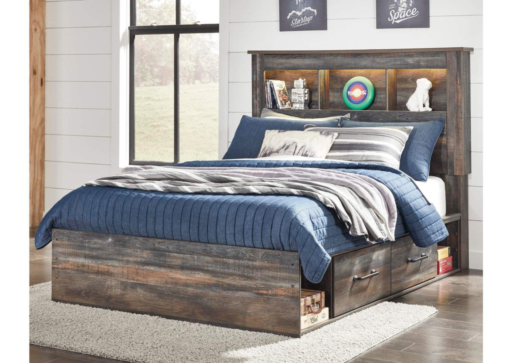 Drystan Full Bookcase Bed with 4 Storage Drawers with Mirrored Dresser, Chest and Nightstand room view