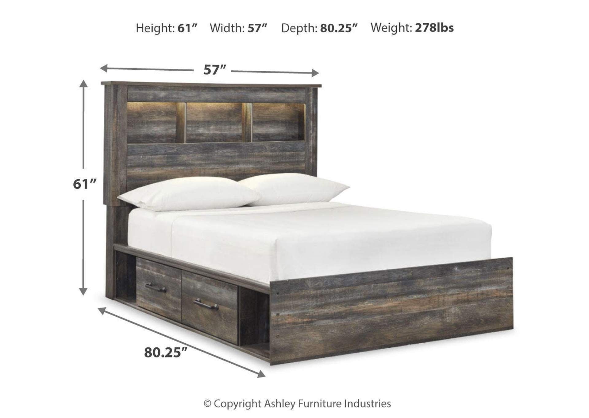 Drystan Full Bookcase Bed with 4 Storage Drawers with Mirrored Dresser and 2 Nightstands dimensions