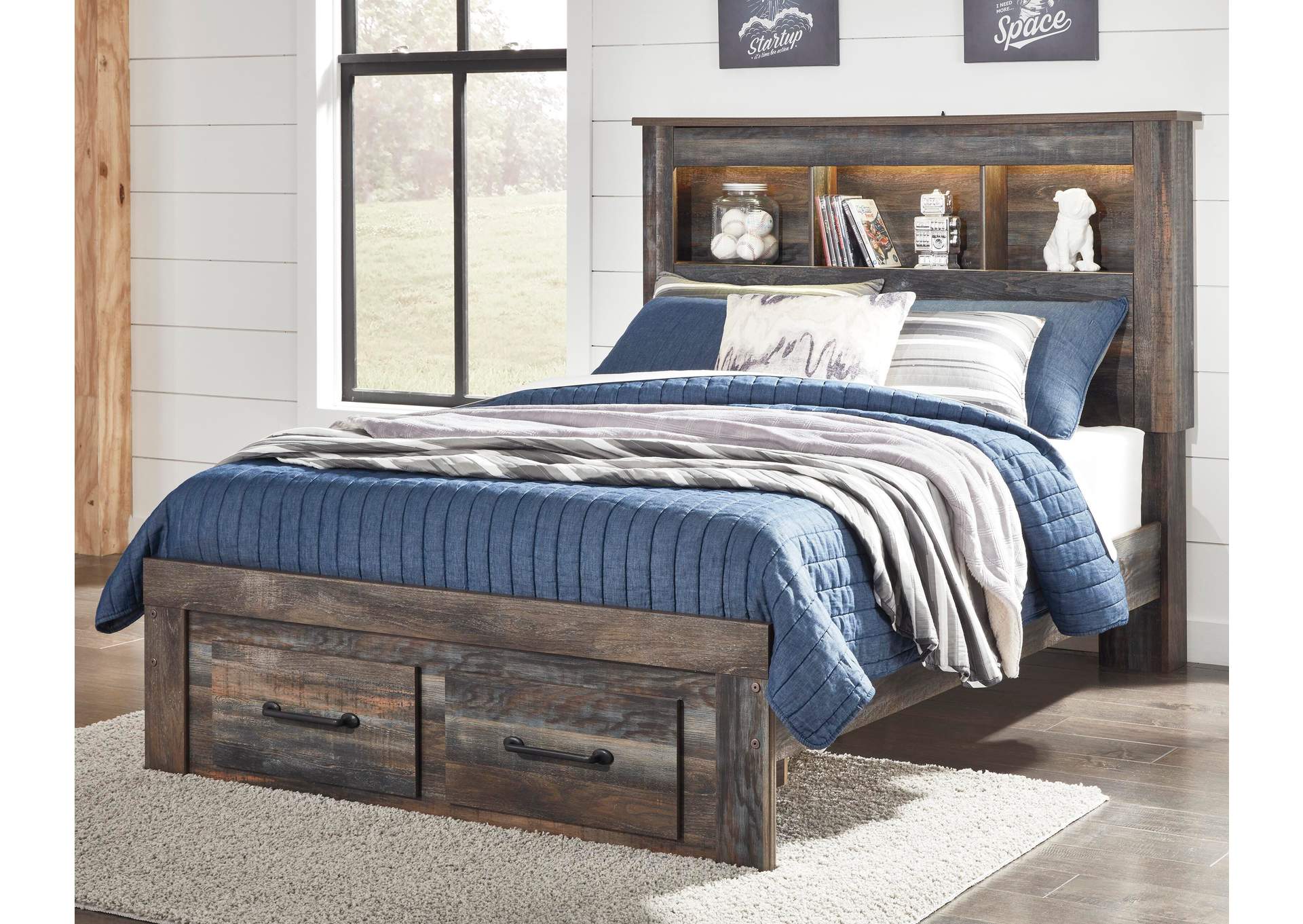 Drystan Full Bookcase Bed with 2 Storage Drawers with Mirrored Dresser and Chest room view
