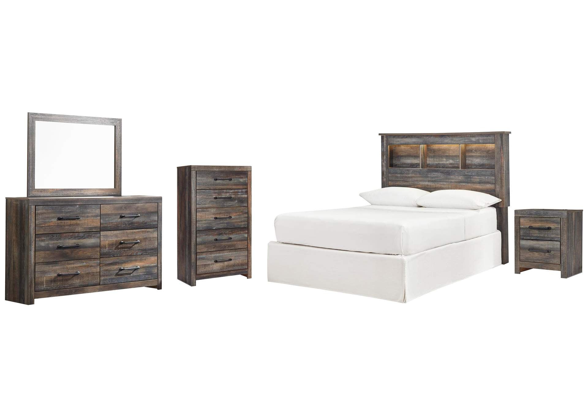 Drystan Full Bookcase Headboard Bed with Mirrored Dresser, Chest and Nightstand