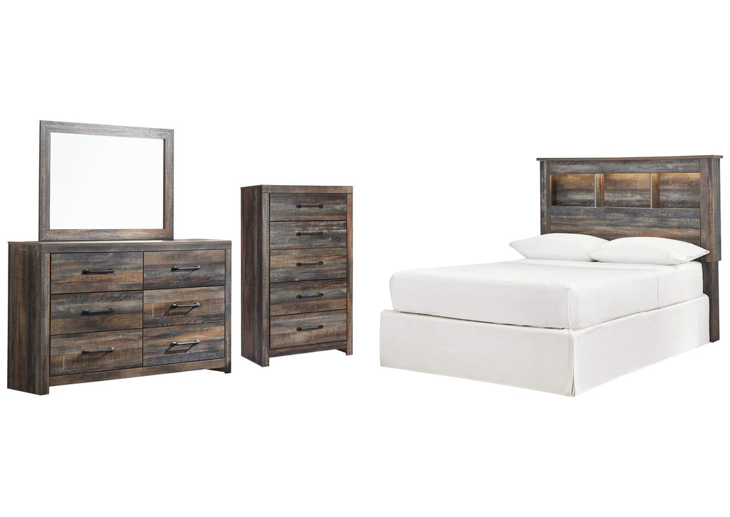 Drystan Full Bookcase Headboard Bed with Mirrored Dresser and Chest