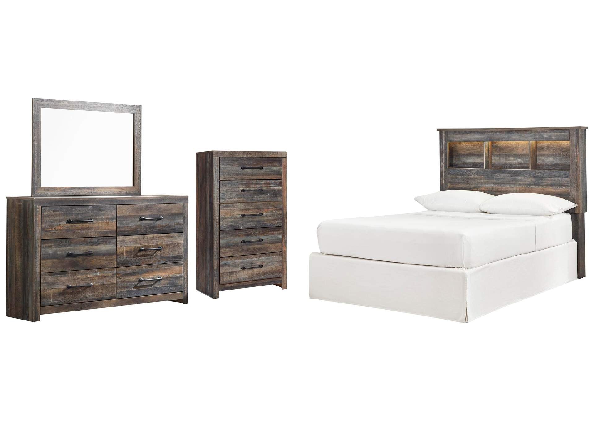 Drystan Full Bookcase Headboard Bed with Mirrored Dresser and Chest