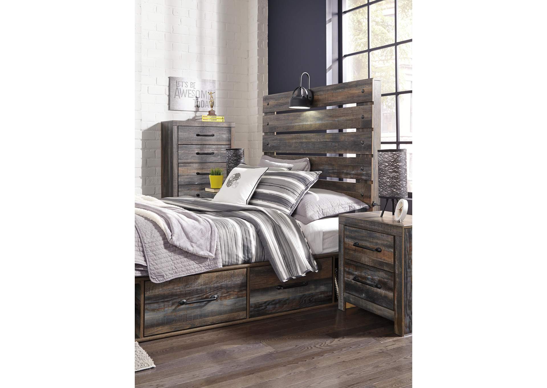 Drystan Full Panel Bed with 4 Storage Drawers with Mirrored Dresser