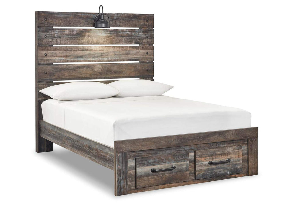 Drystan Full Panel Bed with 2 Storage Drawers with Mirrored Dresser and 2 Nightstands