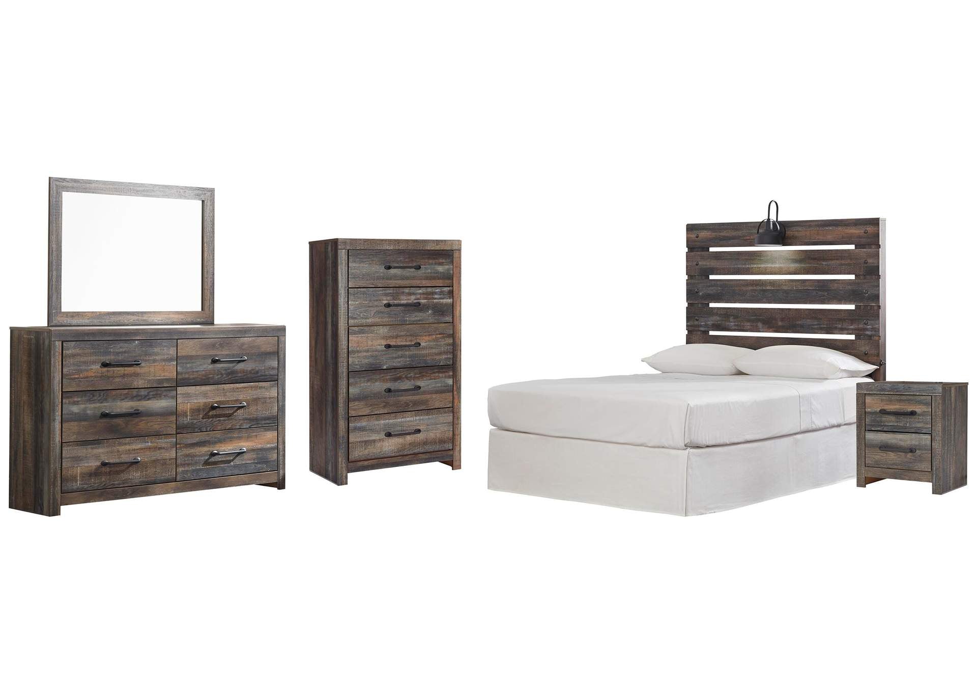 Drystan Full Panel Headboard Bed with Mirrored Dresser, Chest and Nightstand