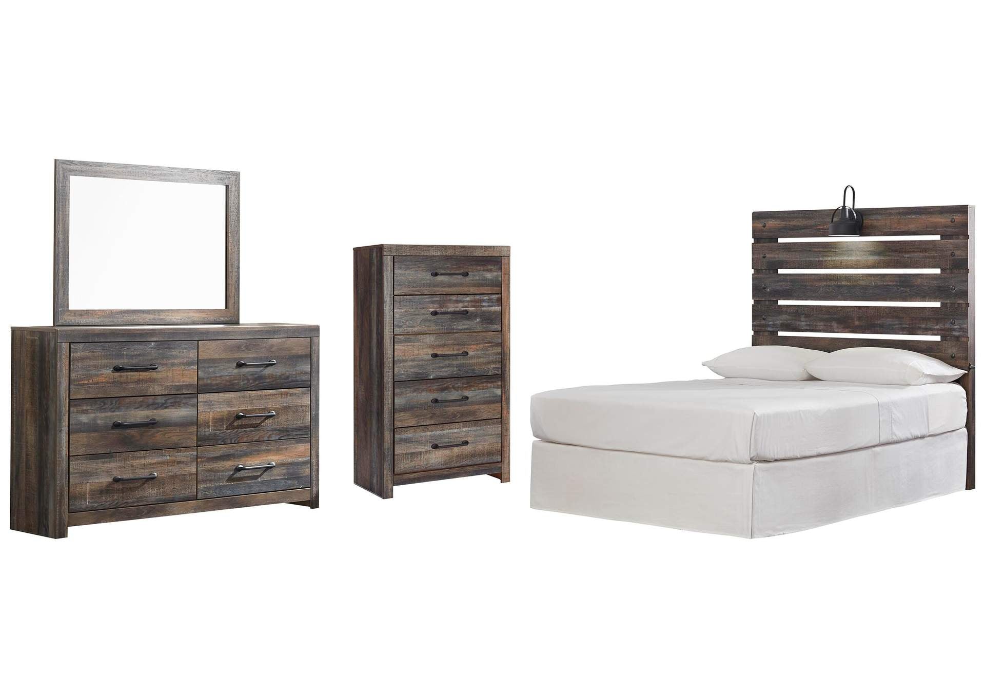 Drystan Full Panel Headboard Bed with Mirrored Dresser and Chest