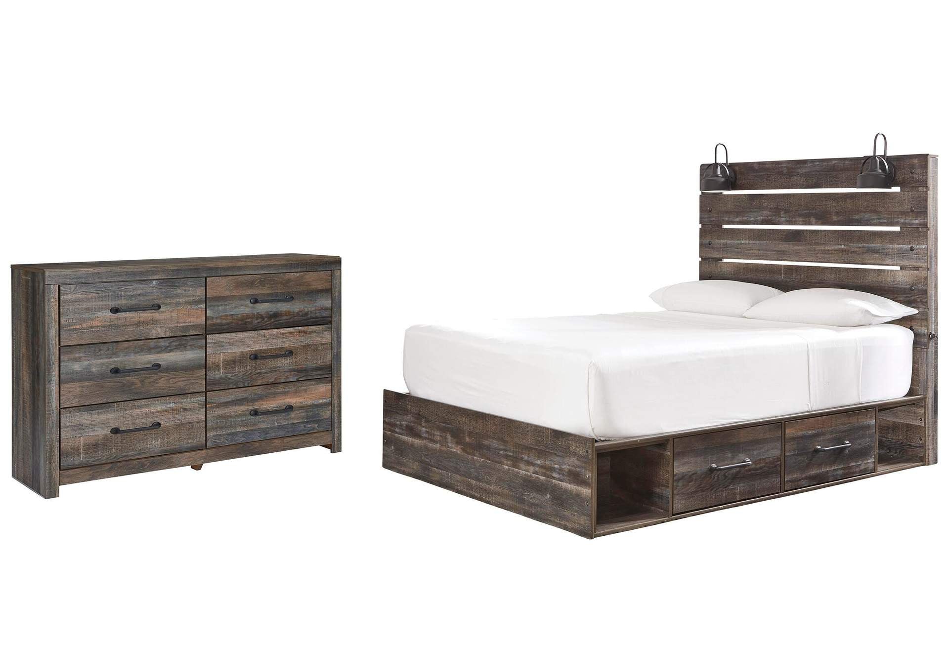 Drystan Queen Panel Bed with 2 Storage Drawers with Dresser