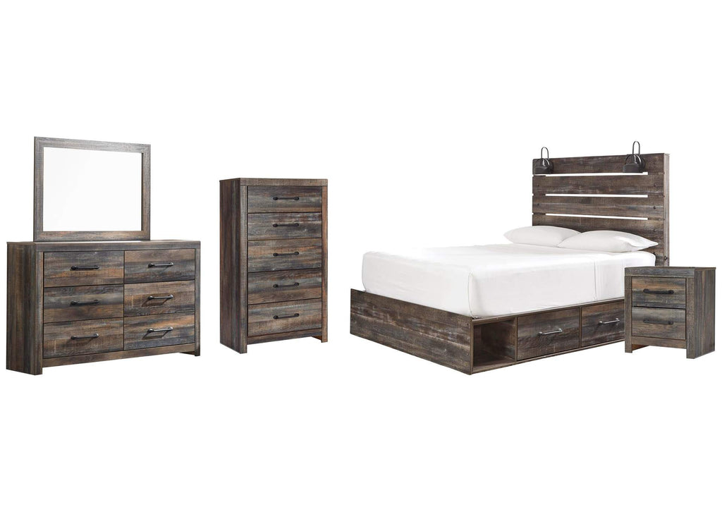 Drystan Queen Panel Bed with 2 Storage Drawers with Mirrored Dresser, Chest and Nightstand
