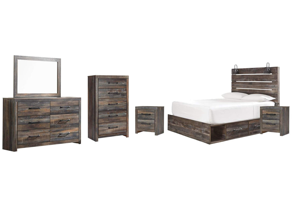 Drystan Queen Panel Bed with 2 Storage Drawers, Dresser, Mirror, Chest and 2 Nightstands