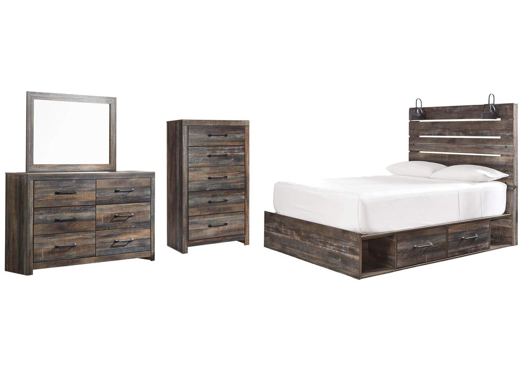Drystan Queen Panel Bed with 2 Storage Drawers with Mirrored Dresser and Chest
