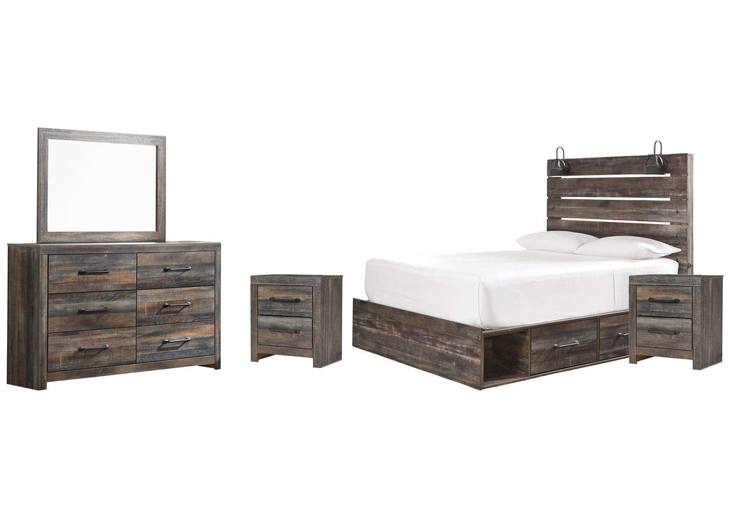 Drystan Queen Panel Bed with 2 Storage Drawers, Dresser, Mirror and 2 Nightstands