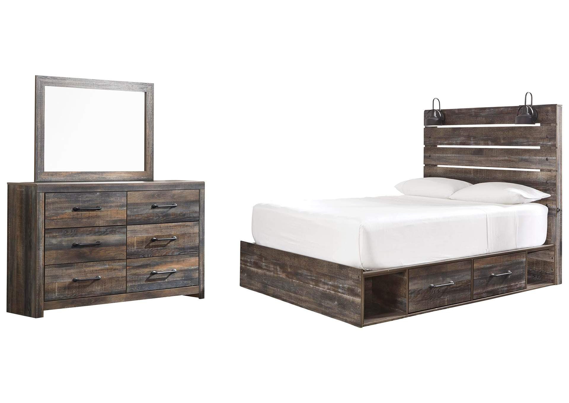 Drystan Queen Panel Bed with 2 Storage Drawers with Mirrored Dresser