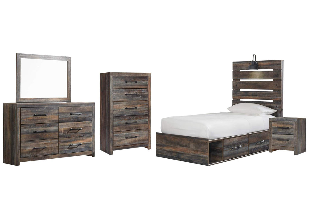 Drystan Twin Panel Bed with 4 Storage Drawers with Mirrored Dresser, Chest and Nightstand