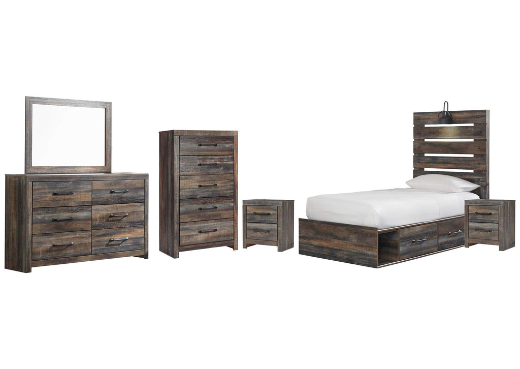 Drystan Twin Panel Bed with 4 Storage Drawers, Dresser, Mirror, Chest and 2 Nightstands