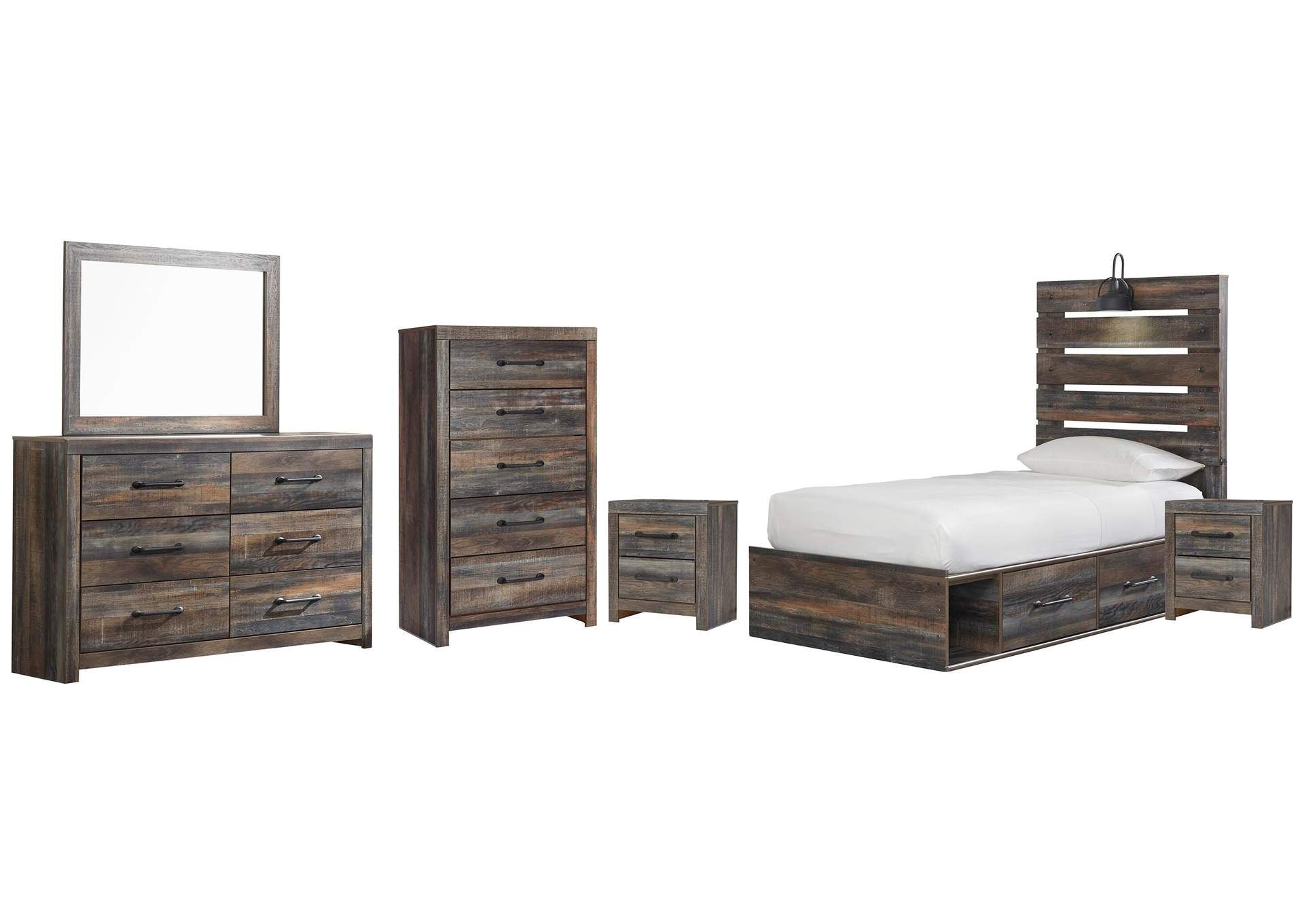 Drystan Twin Panel Bed with 4 Storage Drawers, Dresser, Mirror, Chest and 2 Nightstands