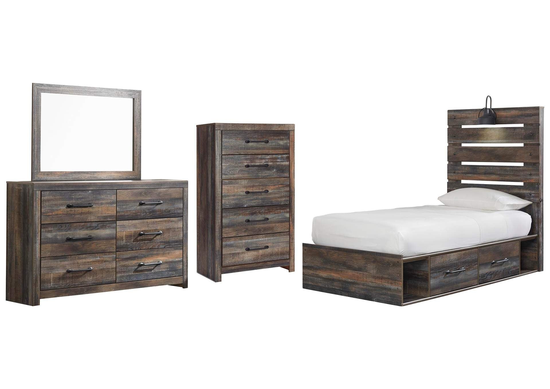 Drystan Twin Panel Bed with 4 Storage Drawers with Mirrored Dresser and Chest