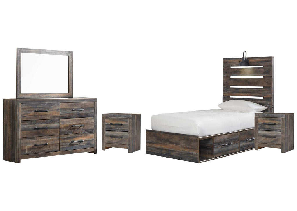 Drystan Twin Panel Bed with 4 Storage Drawers, Dresser, Mirror and 2 Nightstands