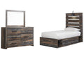 Drystan Twin Panel Bed with 4 Storage Drawers with Mirrored Dresser