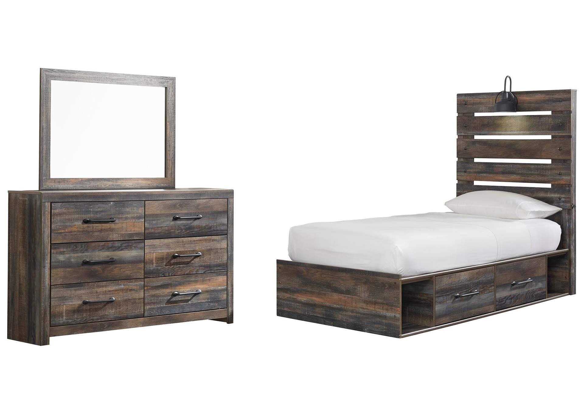 Drystan Twin Panel Bed with 4 Storage Drawers with Mirrored Dresser
