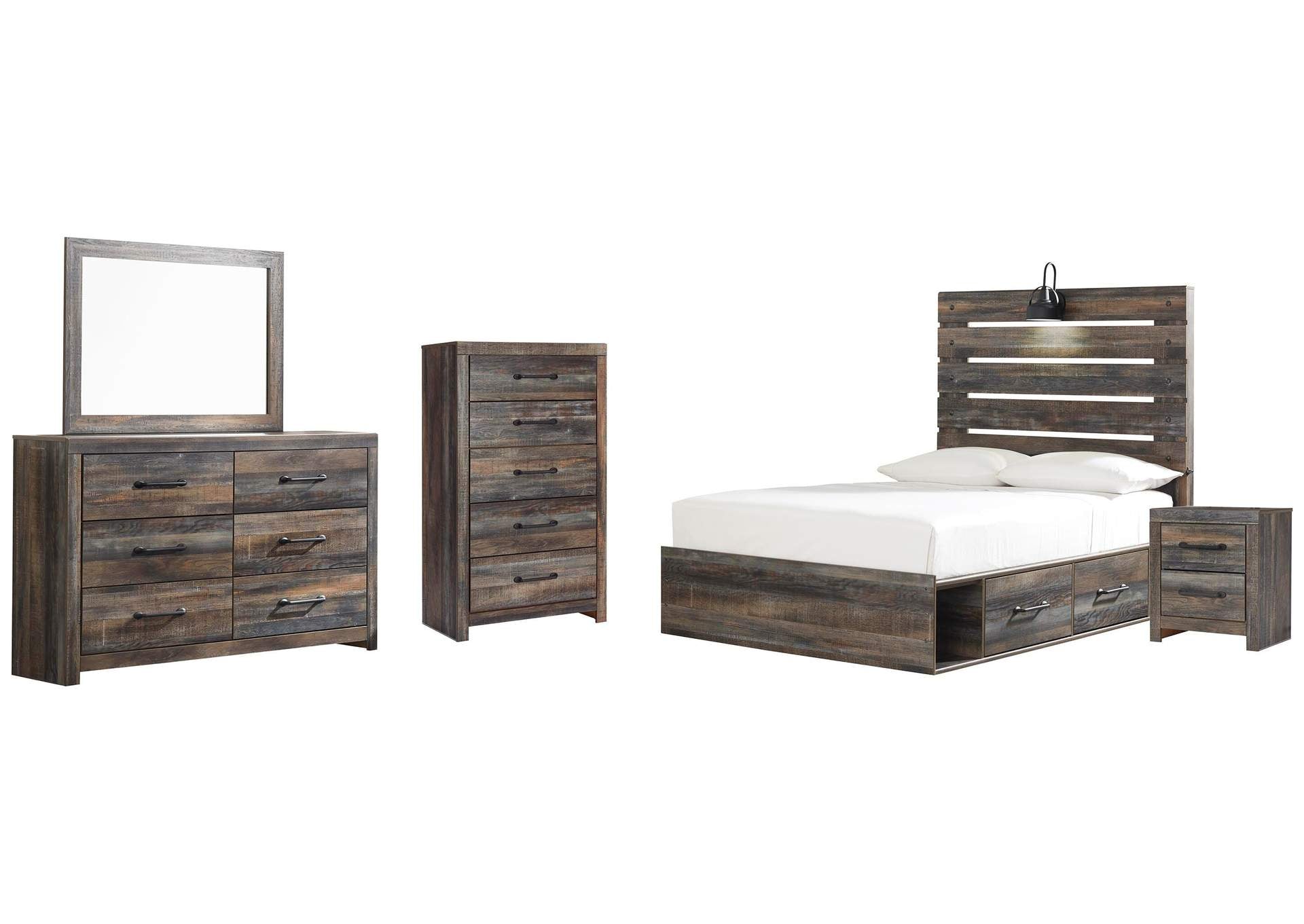 Drystan Full Panel Bed with 4 Storage Drawers with Mirrored Dresser, Chest and Nightstand