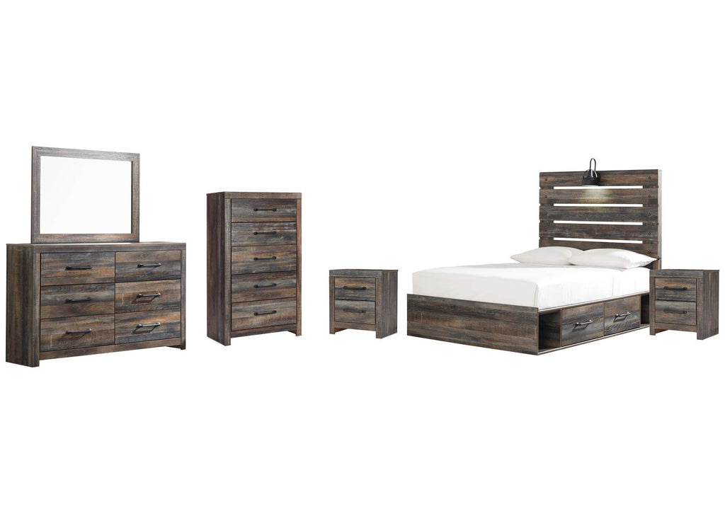 Drystan Full Panel Bed with 4 Storage Drawers, Dresser, Mirror, Chest and 2 Nightstands