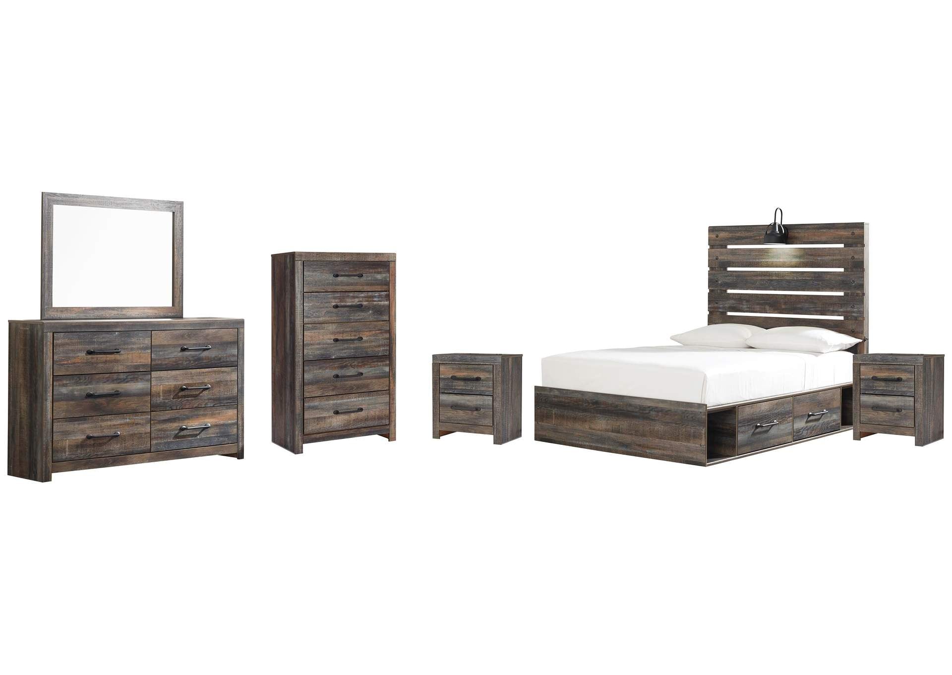 Drystan Full Panel Bed with 4 Storage Drawers, Dresser, Mirror, Chest and 2 Nightstands