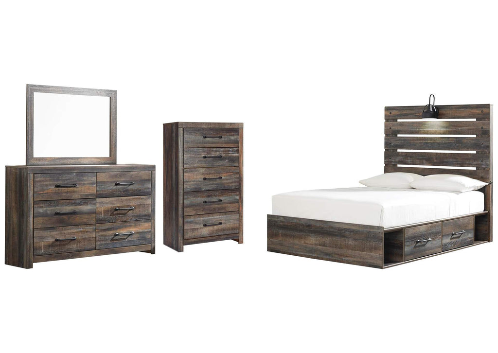 Drystan Full Panel Bed with 4 Storage Drawers with Mirrored Dresser and Chest
