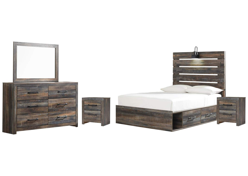 Drystan Full Panel Bed with 4 Storage Drawers, Dresser, Mirror and 2 Nightstands